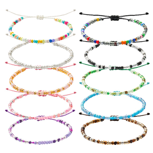 Y1tvei 10Pcs Dainty Seed Bead Bracelet Y2k Colorful Glass Beaded Adjustable Chains Bohemian Rainbow Tiny Summer VSCO Bracelet with Slide Closure Wax Rope Handmade Strand Jewelry Gifts for Women Girls