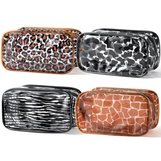 Y1tvei 4Pcs Animal Print Clear PVC Makeup Bag Leopard Zebra Cow Giraffe Print Transparent Cosmetic Toiletry Bag with Zipper Waterproof Portable Makeup Case Clutch Purse Travel Organizer for Women Girl