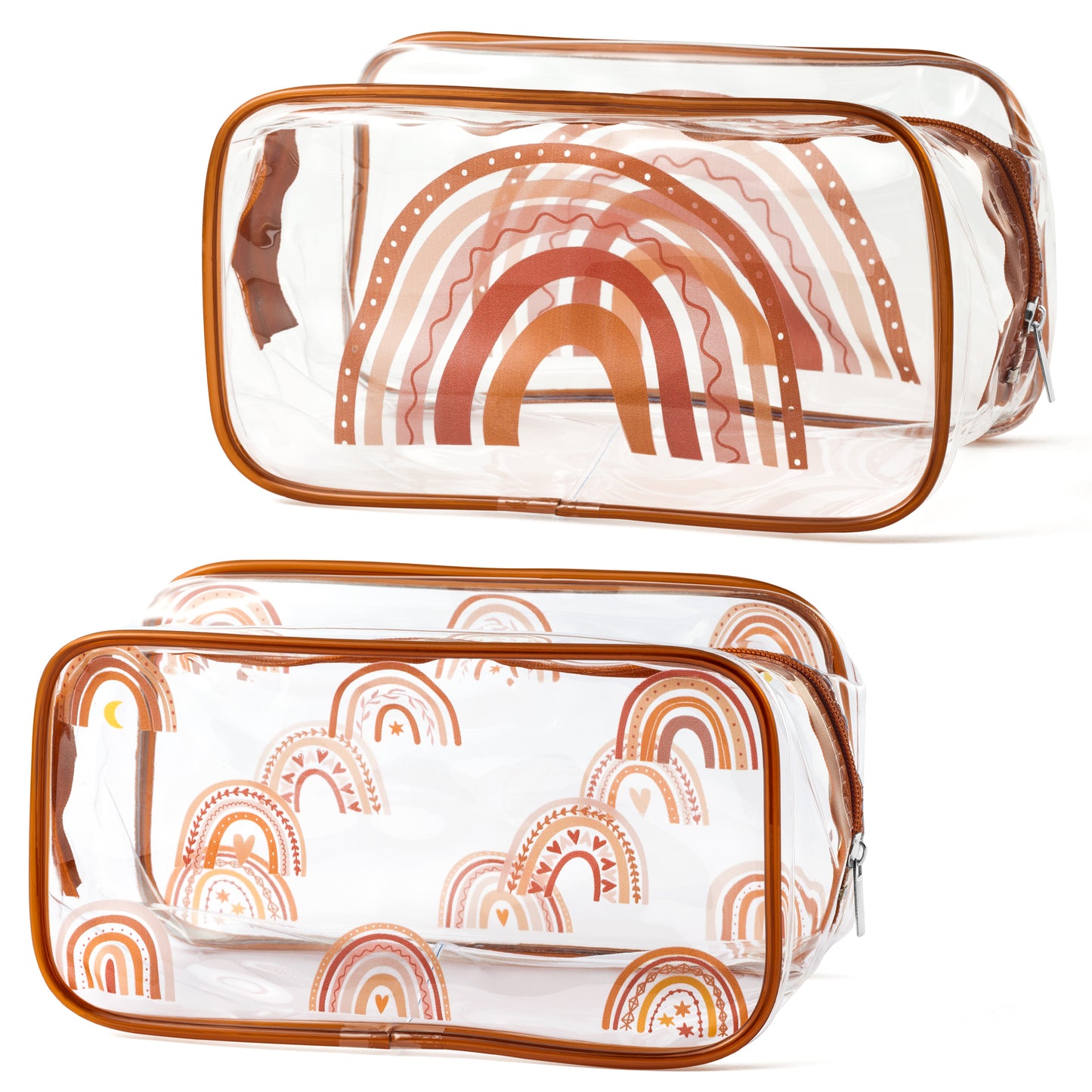 Y1tvei 2Pcs Boho Rainbow Brown Clear PVC Makeup Bag Stylish Boho Rainbow Theme Plastic Cosmetic Toiletry Bag with Zipper Makeup Case Portable Waterproof Clutch Purse Travel Organizer for Women Girls