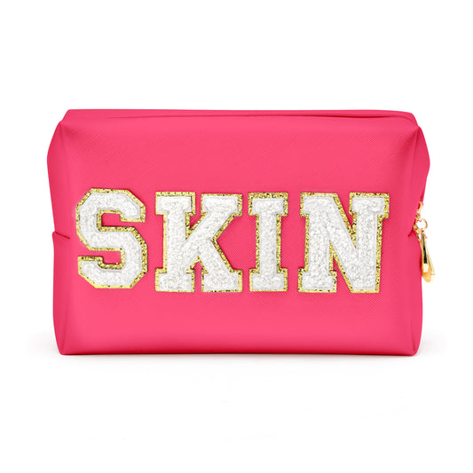 Y1tvei Preppy Patch SKIN White Letter White Cosmetic Toiletry Bag PU Leather Portable Makeup Bag Daily Use Storage Pouch Toiletry Purse Waterproof Organizer for Travel Varsity Women Girls (Rose Pink)