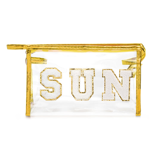 Y1tvei Preppy Patch SUN Varsity Letter Cosmetic Toiletry Bag Transparent PVC Zipper Makeup Bag Daily Use Clutch Purse Portable Waterproof Travel Organizer Compliant Bag for Women Girls Teens (Gold)