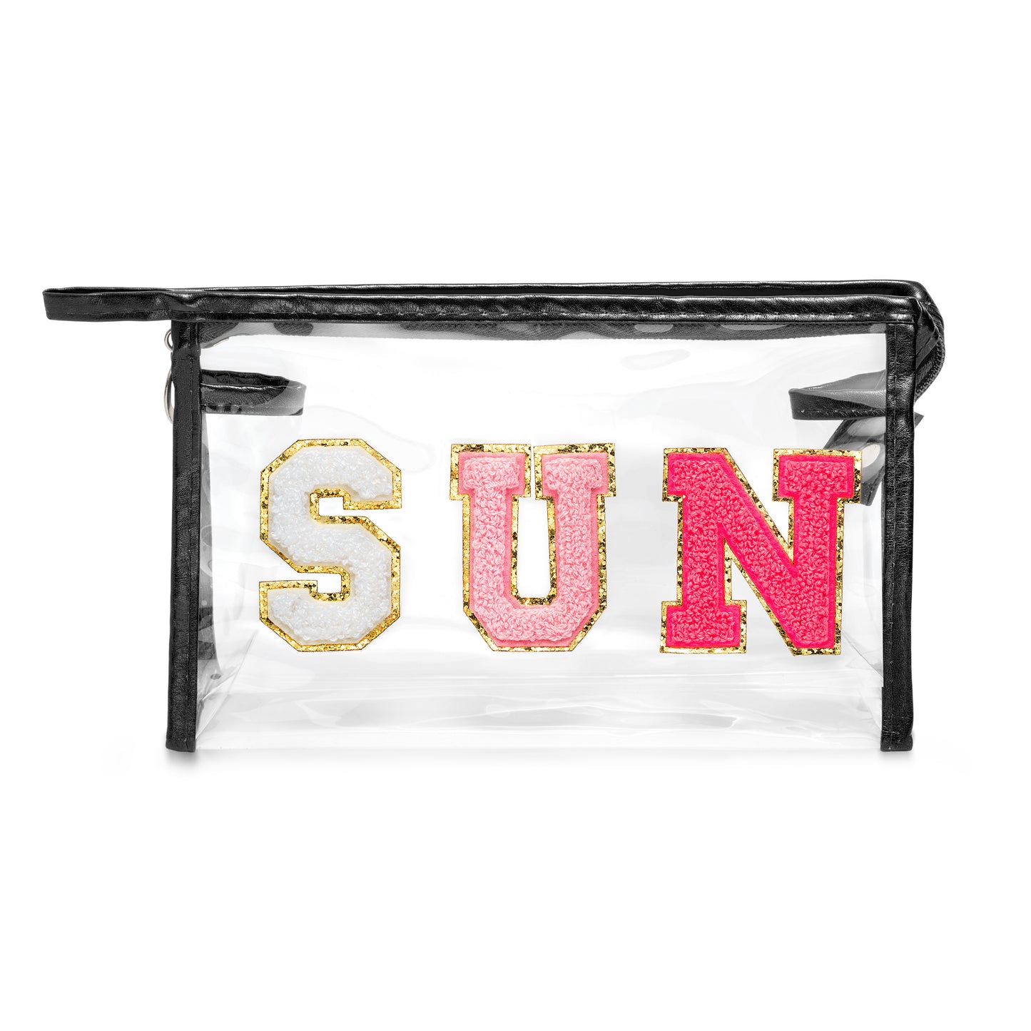 Y1tvei Preppy Patch SUN Varsity Letter Cosmetic Toiletry Bag Transparent PVC Zipper Makeup Bag Daily Use Clutch Purse Portable Waterproof Travel Organizer Compliant Bag for Women Girls Teens (Black)