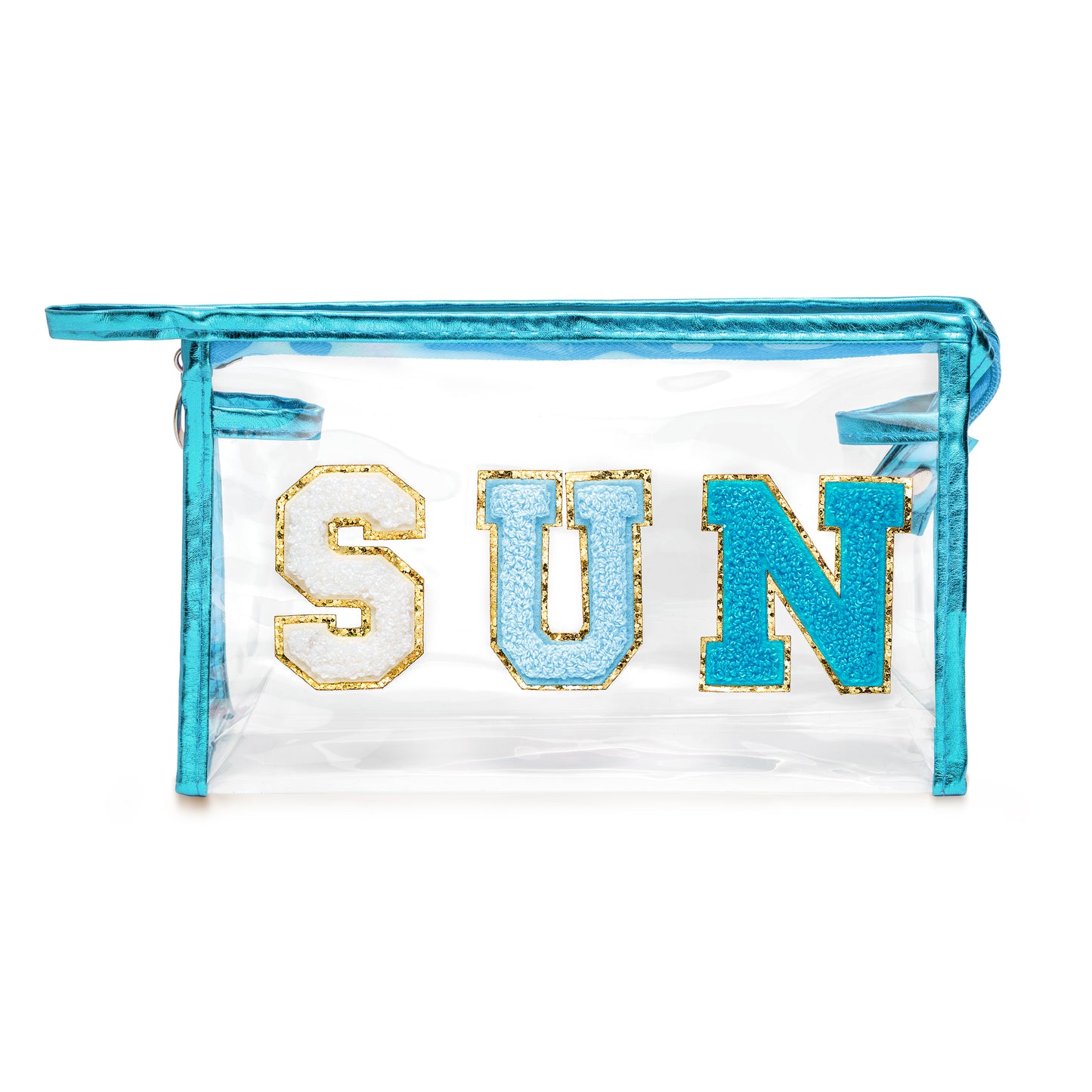 Y1tvei Preppy Patch SUN Varsity Letter Cosmetic Toiletry Bag Transparent PVC Zipper Makeup Bag Daily Use Clutch Purse Portable Waterproof Travel Organizer Compliant Bag for Women Girls Teens (Blue)