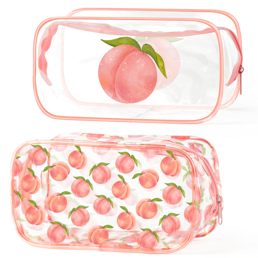 Y1tvei 2Pcs Pink Peach Print Clear PVC Makeup Bag Cute Fruit Pattern Plastic Transparent Cosmetic Toiletry Bag Waterproof Portable Pouch Travel Organizer Clutch Purse with Zipper for Women Girl Teens