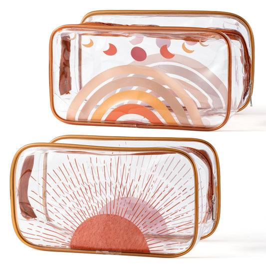 Y1tvei 2Pcs Boho Rainbow Sunshine Clear PVC Makeup Bag Brown Rainbow Boho Plastic Cosmetic Toiletry Bag Transparent Zipper Makeup Case Portable Waterproof Clutch Purse Travel Organizer for Women Girls