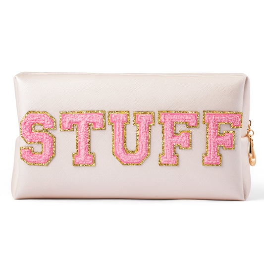 Y1tvei Preppy Patch Stuff Varsity Letter Makeup Bag Sewn with Pink Chenille Letter PU Leather Waterproof Portable Cosmetic Pouch for Purse Large Toiletry Zipper Organizer for Women Girls (Shell Gold)