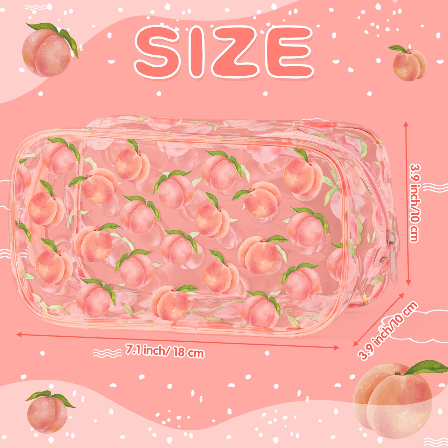 Y1tvei 2Pcs Pink Peach Print Clear PVC Makeup Bag Cute Fruit Pattern Plastic Transparent Cosmetic Toiletry Bag Waterproof Portable Pouch Travel Organizer Clutch Purse with Zipper for Women Girl Teens