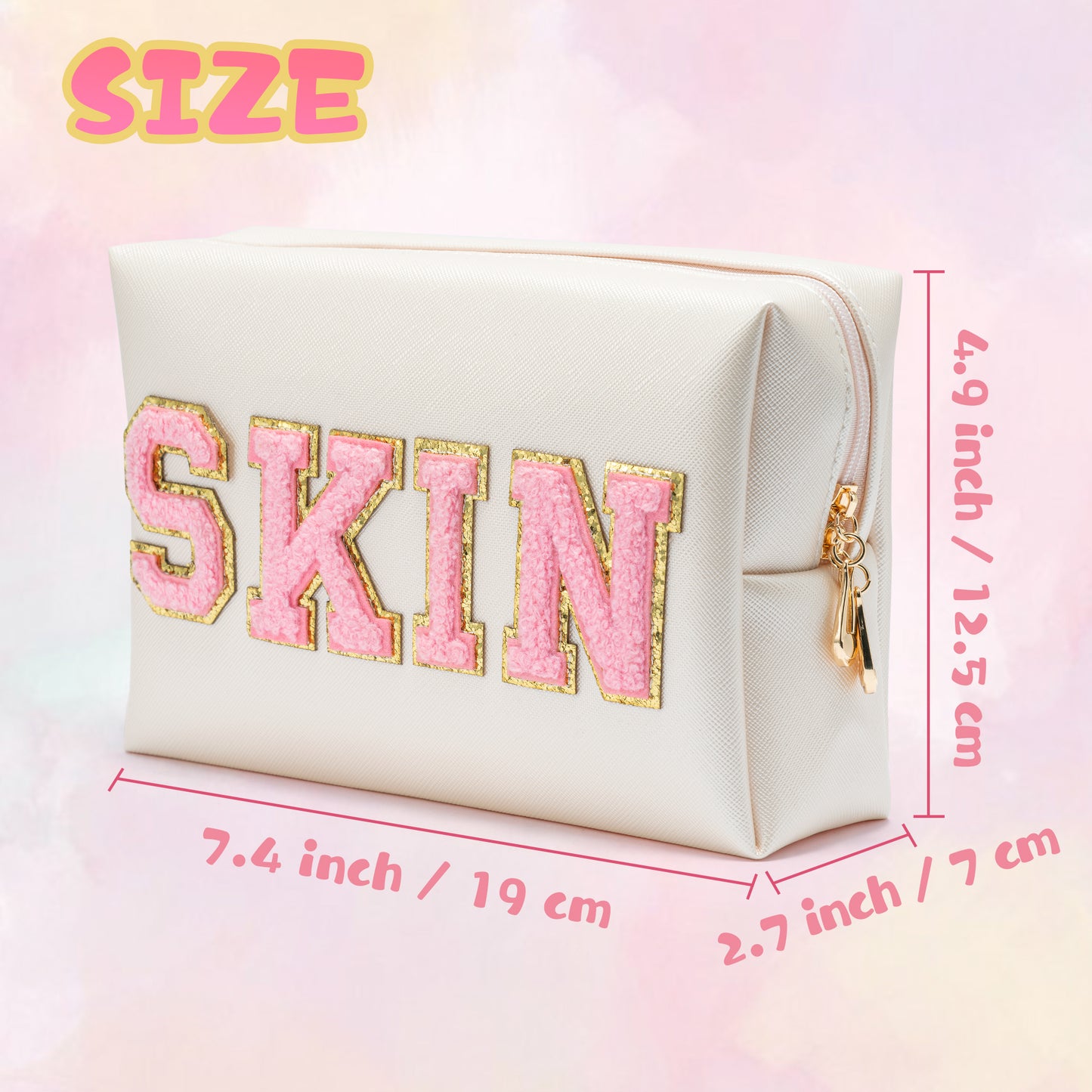 Y1tvei Preppy Patch SKIN Varsity Letter Cosmetic Toiletry Bag PU Leather Portable Makeup Bag Zipper Pouch Storage Purse Waterproof Organizer Gift for Women Teen Girls Daily Travel Use (Shell Gold)