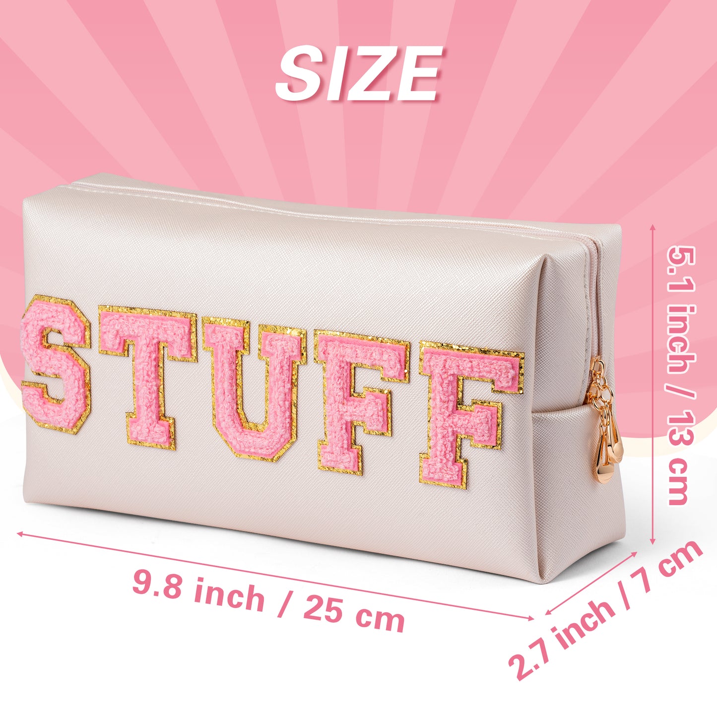 Y1tvei Preppy Patch Stuff Varsity Letter Makeup Bag Sewn with Pink Chenille Letter PU Leather Waterproof Portable Cosmetic Pouch for Purse Large Toiletry Zipper Organizer for Women Girls (Shell Gold)