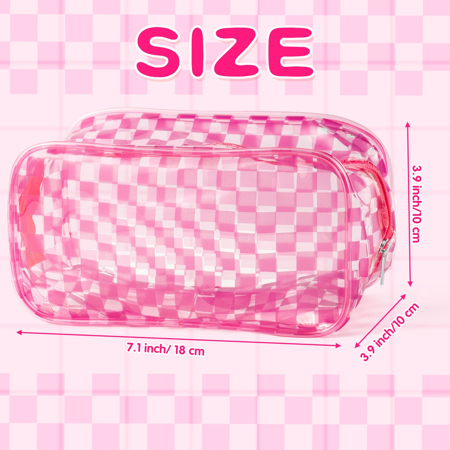 Y1tvei 2Pcs Pink Green Checkered Clear PVC Makeup Bag Gingham Print Plastic Transparent Cosmetic Toiletry Bag Portable Waterproof Plaid Clutch Purse Travel Organizer with Zipper for Women Girls Teens