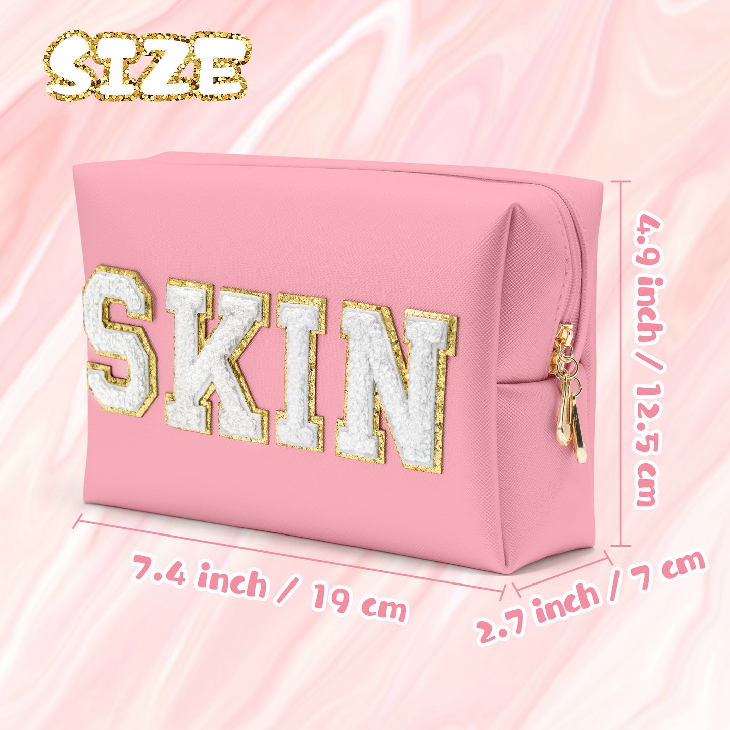 Y1tvei Preppy Patch SKIN White Letter White Cosmetic Toiletry Bag PU Leather Portable Makeup Bag Daily Use Storage Pouch Toiletry Purse Waterproof Organizer for Travel Varsity Women Girls Teens(Pink)