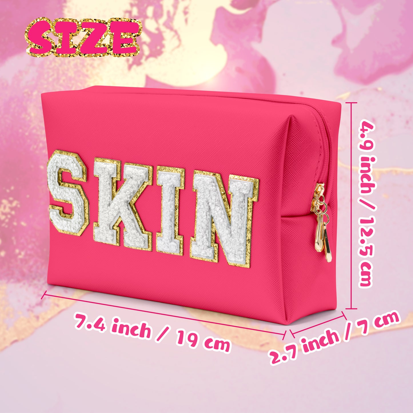 Y1tvei Preppy Patch SKIN White Letter White Cosmetic Toiletry Bag PU Leather Portable Makeup Bag Daily Use Storage Pouch Toiletry Purse Waterproof Organizer for Travel Varsity Women Girls (Rose Pink)