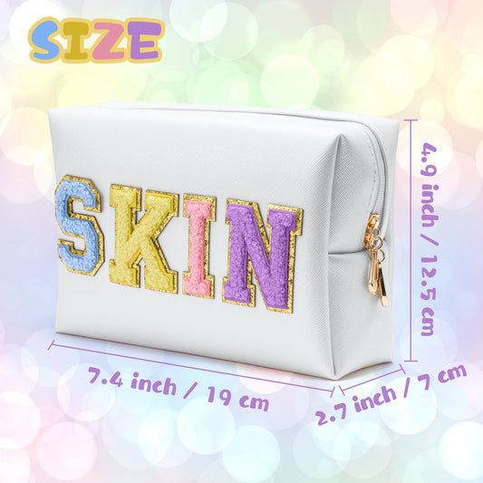 Roll over image to zoom in Y1tvei Preppy Patch SKIN Colorful Letter White Cosmetic Toiletry Bag PU Leather Portable Makeup Bag Daily Use Storage Pouch Toiletry Purse Waterproof Organizer for Travel Varsity Women Girls (White)
