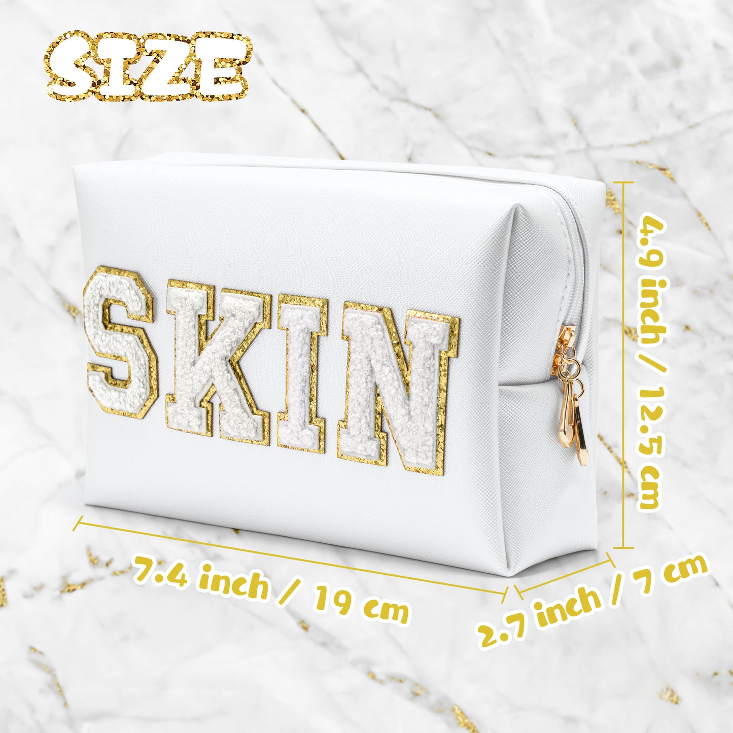 Y1tvei Preppy Patch SKIN White Letter White Cosmetic Toiletry Bag PU Leather Portable Makeup Bag Daily Use Storage Pouch Toiletry Purse Waterproof Organizer for Travel Varsity Women Girls Teens(White)