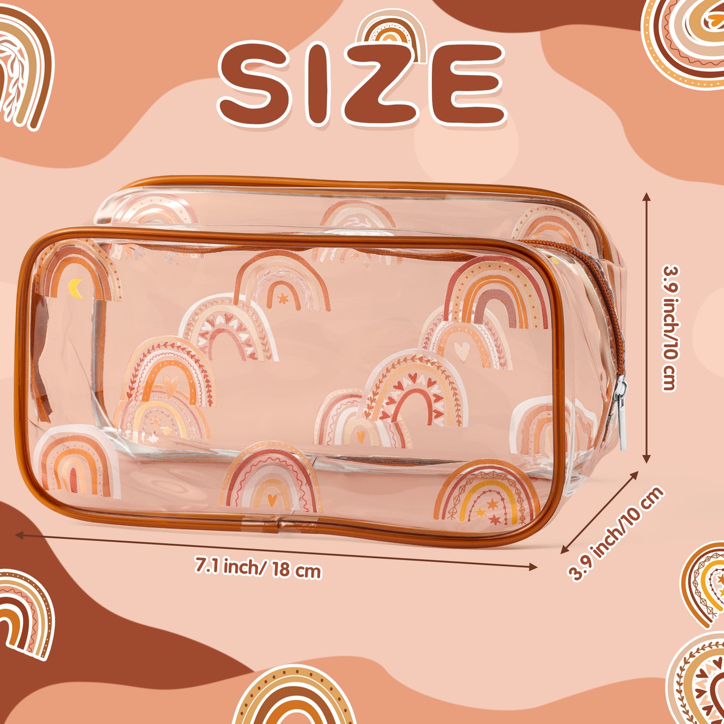 Y1tvei 2Pcs Boho Rainbow Brown Clear PVC Makeup Bag Stylish Boho Rainbow Theme Plastic Cosmetic Toiletry Bag with Zipper Makeup Case Portable Waterproof Clutch Purse Travel Organizer for Women Girls