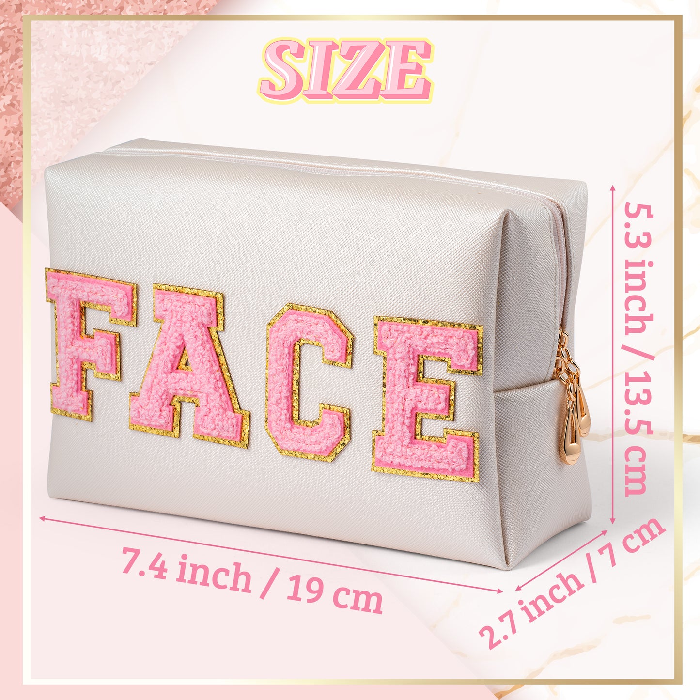 Y1tvei Preppy Patch FACE Letter Cosmetic Toiletry Bag PU Leather Portable Makeup Bag Sewn with Chenille Varsity Letter Patches Waterproof Zipper Pouch Travel Organizer for Women Girls Teen(Shell Gold)