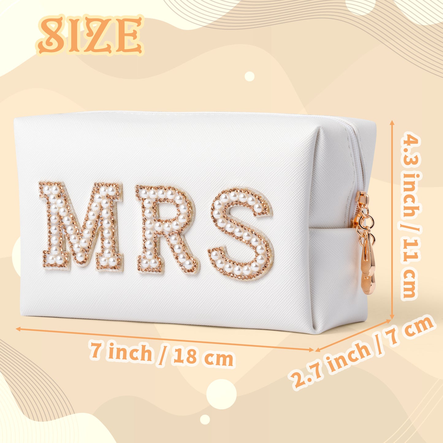 Y1tvei Gold MRS Letter Patch Cosmetic Toiletry Bag Pearl Rhinestone Varsity Letter Patches PU Leather Bride Makeup Bag Waterproof Portable Zipper Small Clutch Purse Travel Organizer for Women Girls