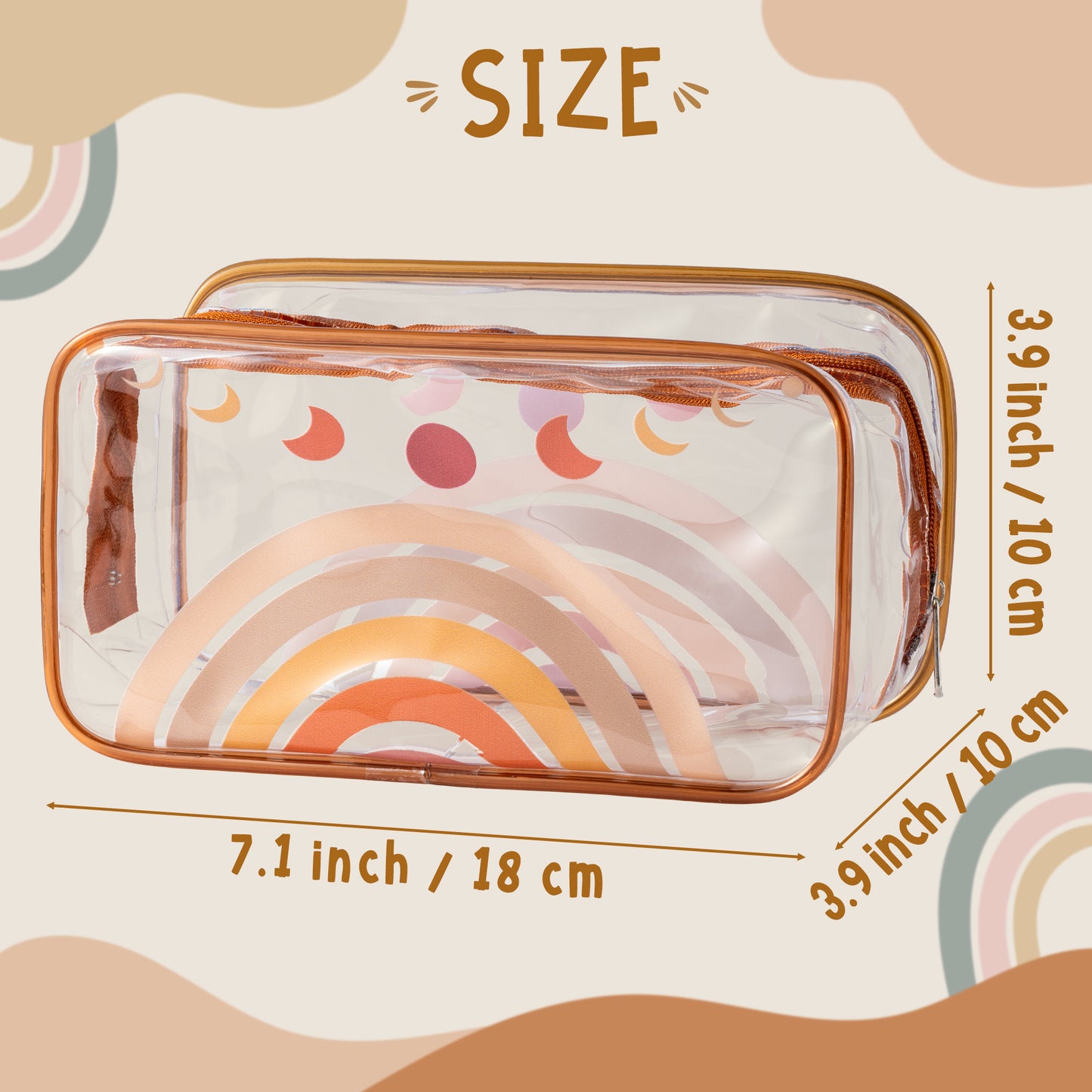 Y1tvei 2Pcs Boho Rainbow Sunshine Clear PVC Makeup Bag Brown Rainbow Boho Plastic Cosmetic Toiletry Bag Transparent Zipper Makeup Case Portable Waterproof Clutch Purse Travel Organizer for Women Girls