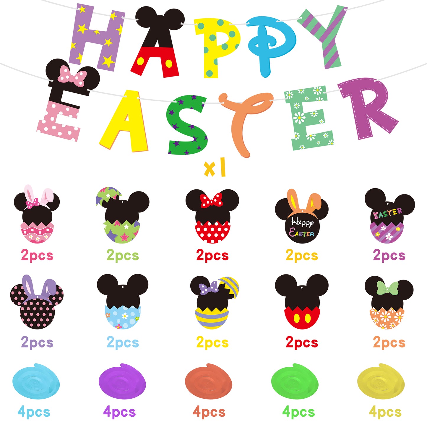 Y1tvei Easter Cartoon Mouse Themed Party Decorations Colorful Happy Easter Banner Garland Hanging Swirls Easter Egg Bunny Foil Ceiling Hanging Streamers for Kids Party Supplies Photo Props