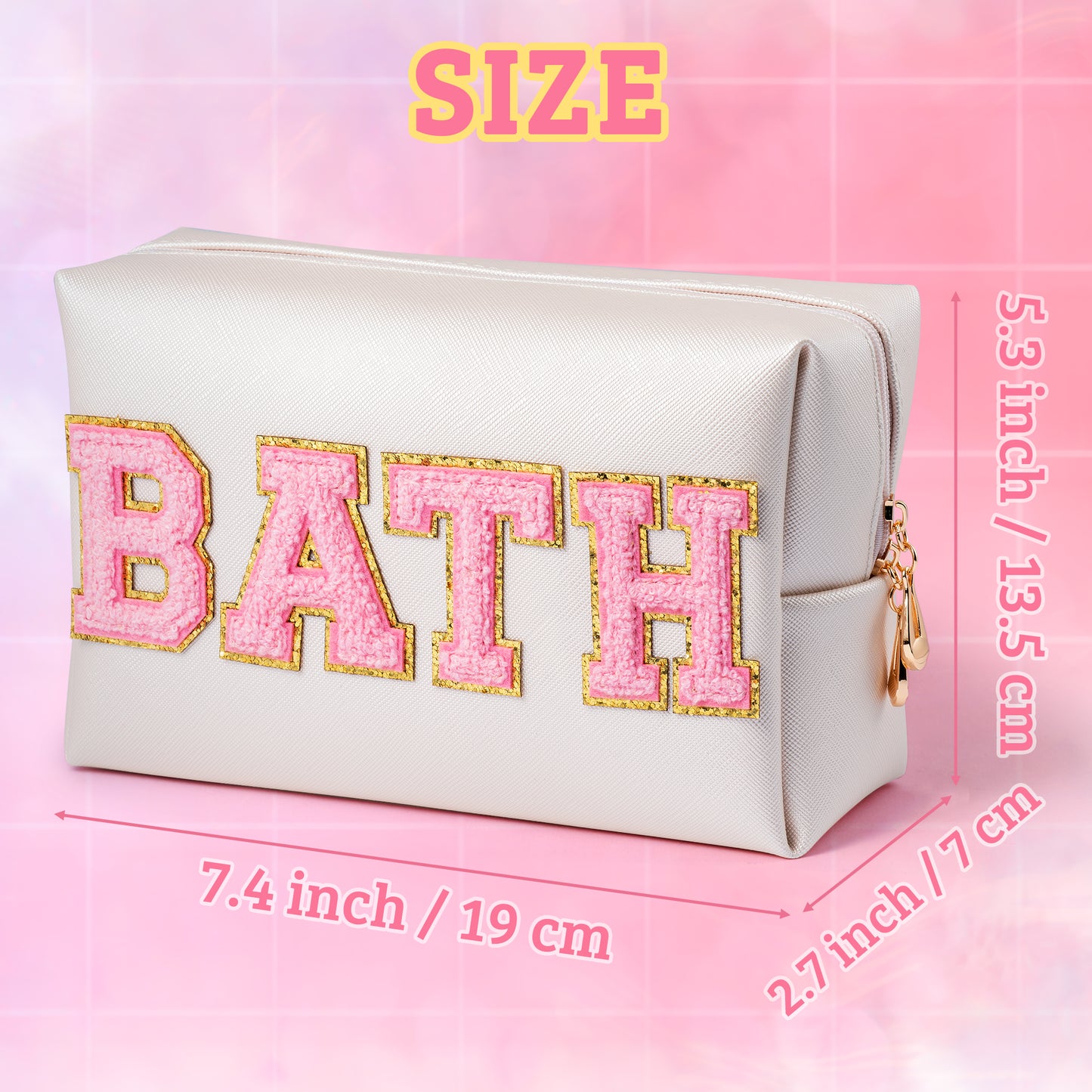 Y1tvei Preppy Patch BATH Letter Cosmetic Toiletry Bag PU Leather Portable Makeup Bag Sewn with Chenille Varsity Letter Patches Waterproof Zipper Pouch Travel Organizer for Women Girls Teen(Shell Gold)