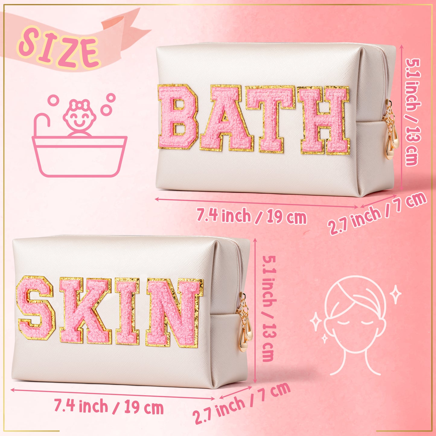 Y1tvei 2Pcs Preppy Patch SKIN BATH Varsity Letter Cosmetic Toiletry Bag Pink Letter Makeup Bag Zipper Pouch Storage Portable Purse Waterproof Travel Organizer Gift for Women Teen Girls (Shell Gold)