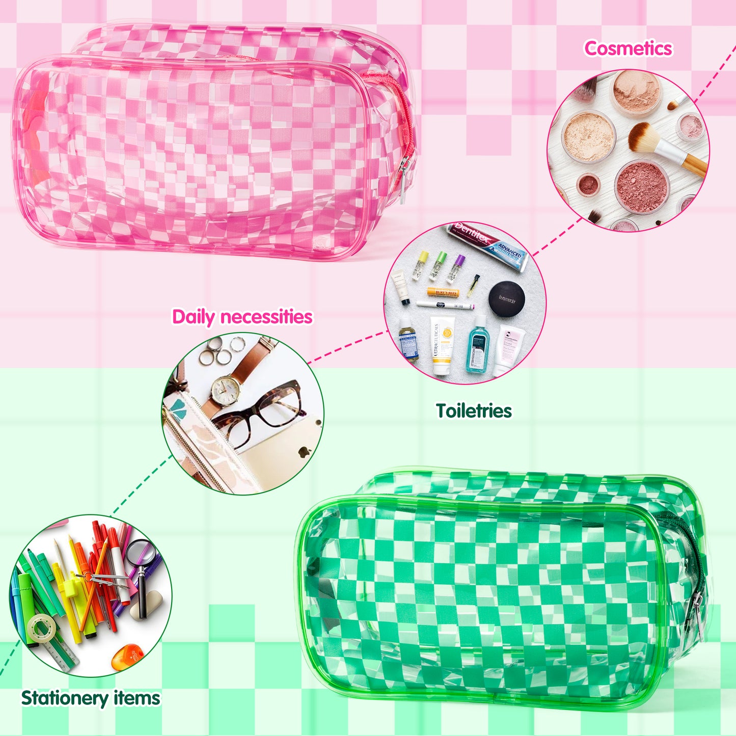 Y1tvei 2Pcs Pink Green Checkered Clear PVC Makeup Bag Gingham Print Plastic Transparent Cosmetic Toiletry Bag Portable Waterproof Plaid Clutch Purse Travel Organizer with Zipper for Women Girls Teens