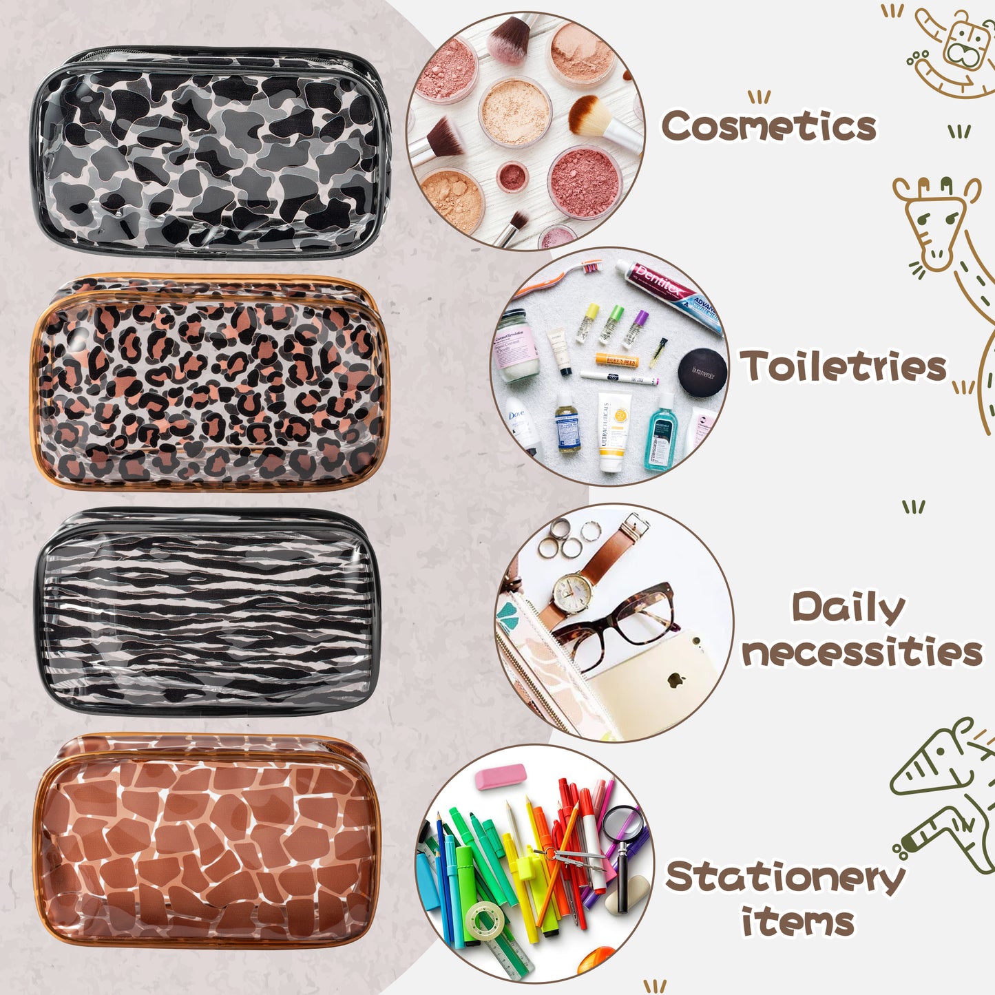 Y1tvei 4Pcs Animal Print Clear PVC Makeup Bag Leopard Zebra Cow Giraffe Print Transparent Cosmetic Toiletry Bag with Zipper Waterproof Portable Makeup Case Clutch Purse Travel Organizer for Women Girl