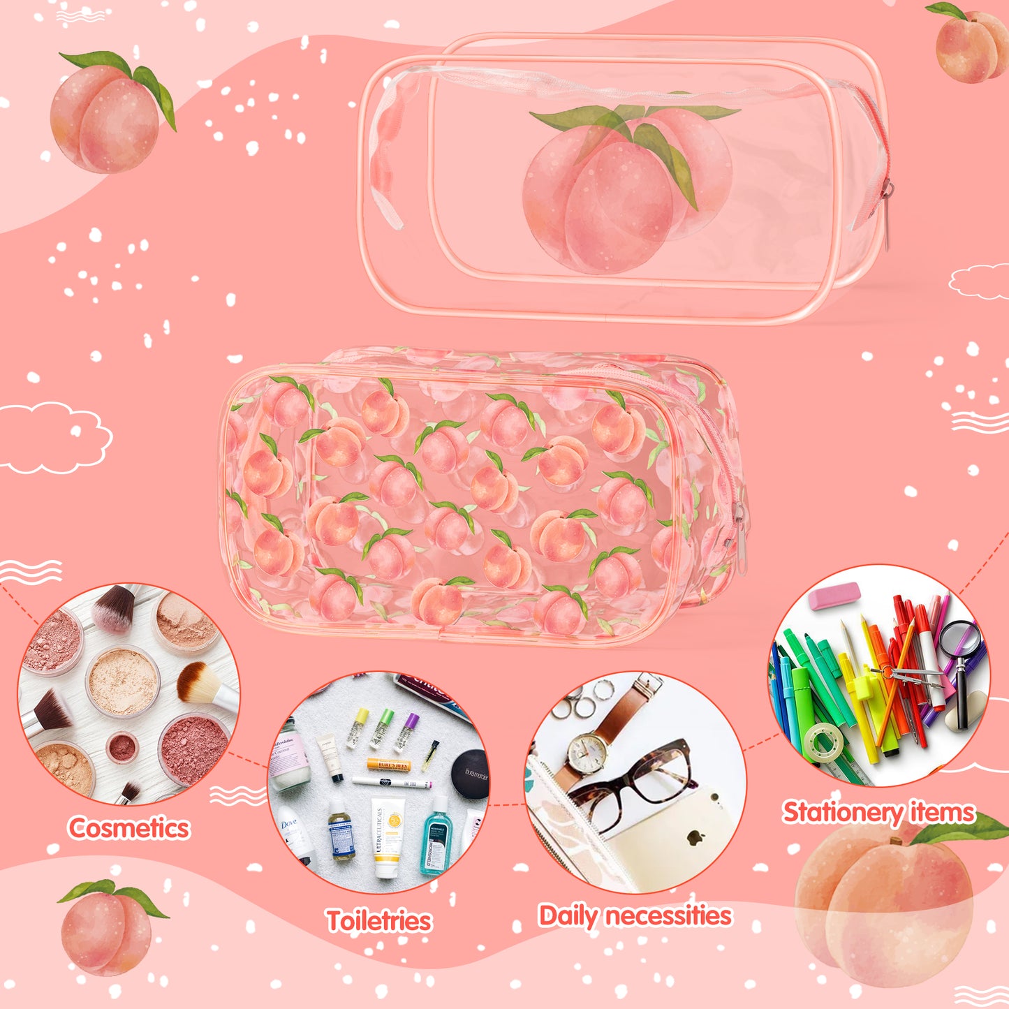 Y1tvei 2Pcs Pink Peach Print Clear PVC Makeup Bag Cute Fruit Pattern Plastic Transparent Cosmetic Toiletry Bag Waterproof Portable Pouch Travel Organizer Clutch Purse with Zipper for Women Girl Teens