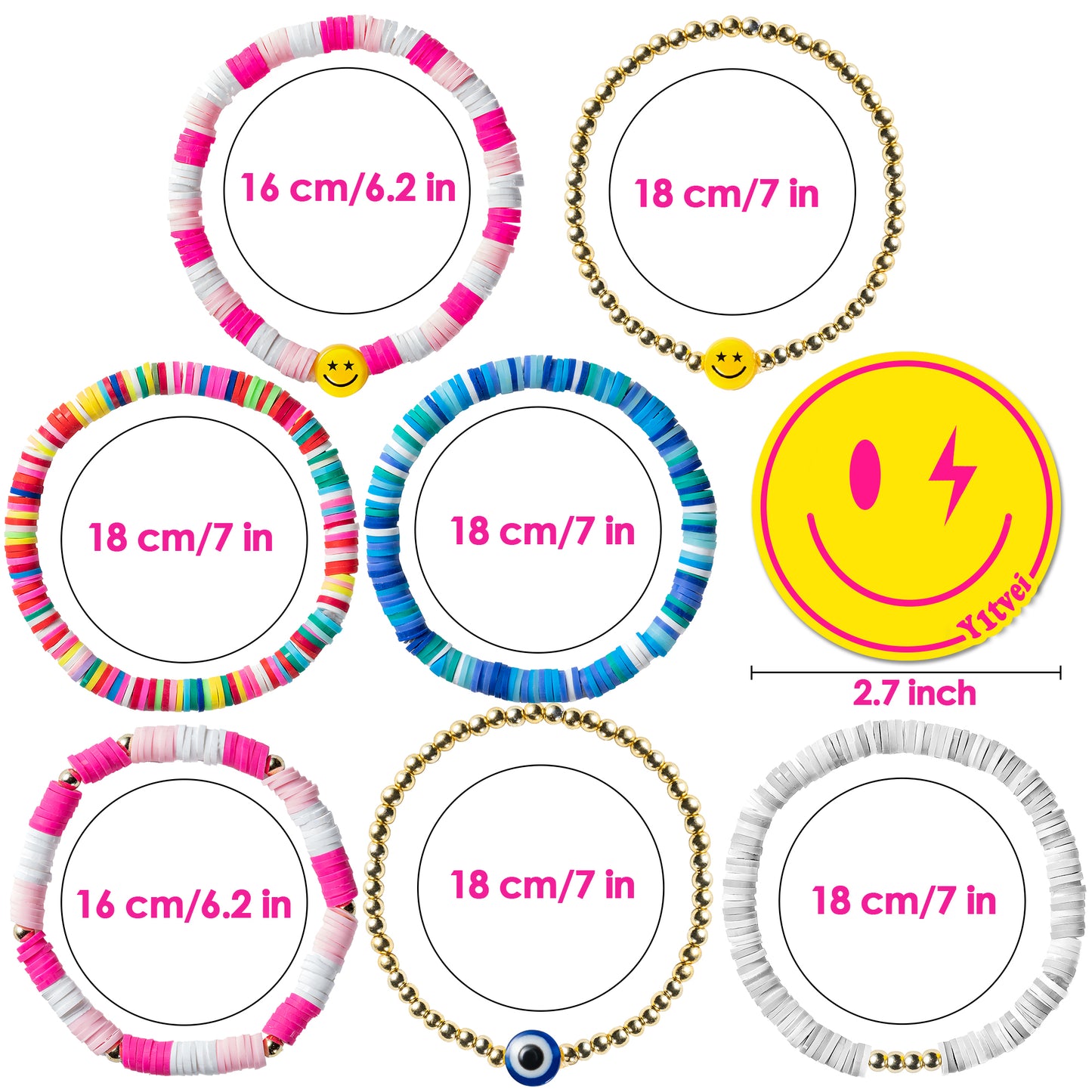 Y1tvei 7Pcs Heishi Surfer Bracelets Set Colorful Preppy Happy Smile Evil Eye Beaded Stretch Bracelets Clay Stackable Boho Disc Bracelets Y2K Kidcore Aesthetic Summer Beach Jewelry for Women Girls