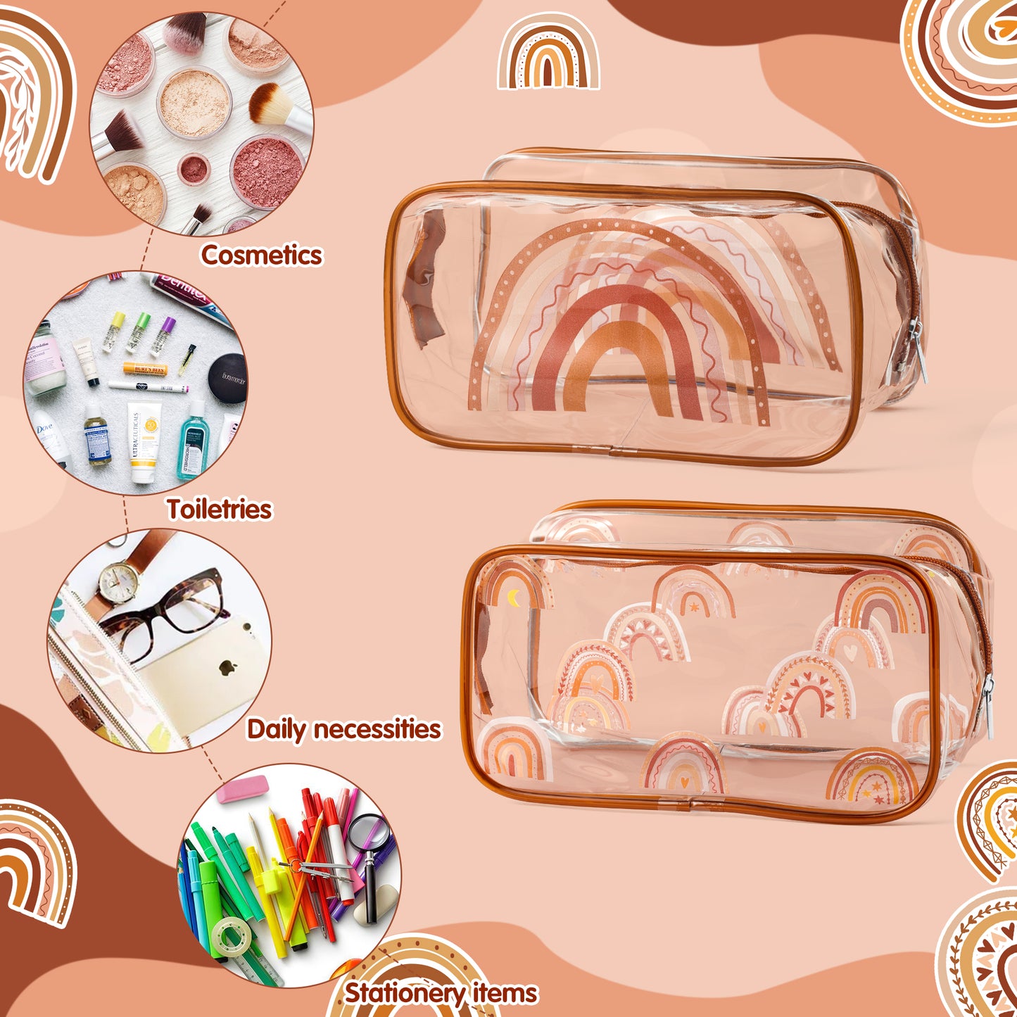 Y1tvei 2Pcs Boho Rainbow Brown Clear PVC Makeup Bag Stylish Boho Rainbow Theme Plastic Cosmetic Toiletry Bag with Zipper Makeup Case Portable Waterproof Clutch Purse Travel Organizer for Women Girls