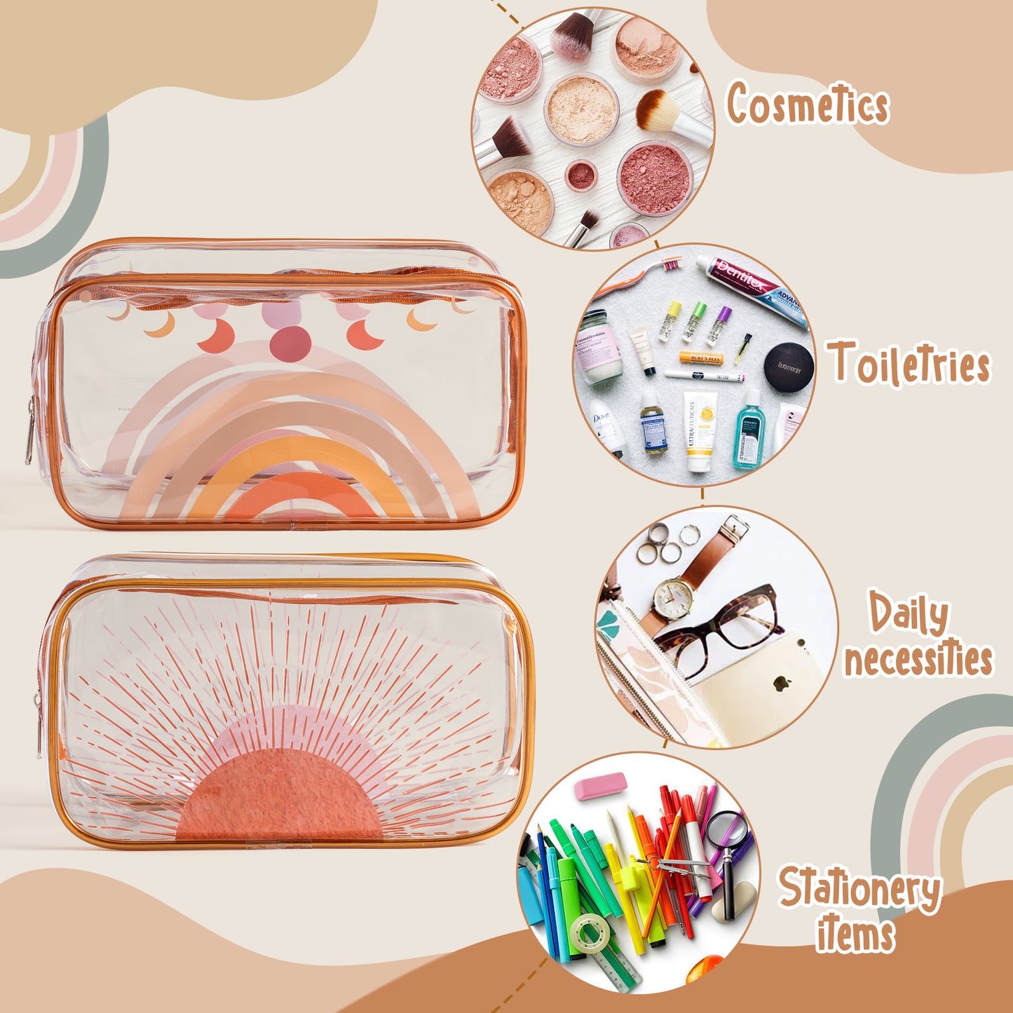 Y1tvei 2Pcs Boho Rainbow Sunshine Clear PVC Makeup Bag Brown Rainbow Boho Plastic Cosmetic Toiletry Bag Transparent Zipper Makeup Case Portable Waterproof Clutch Purse Travel Organizer for Women Girls