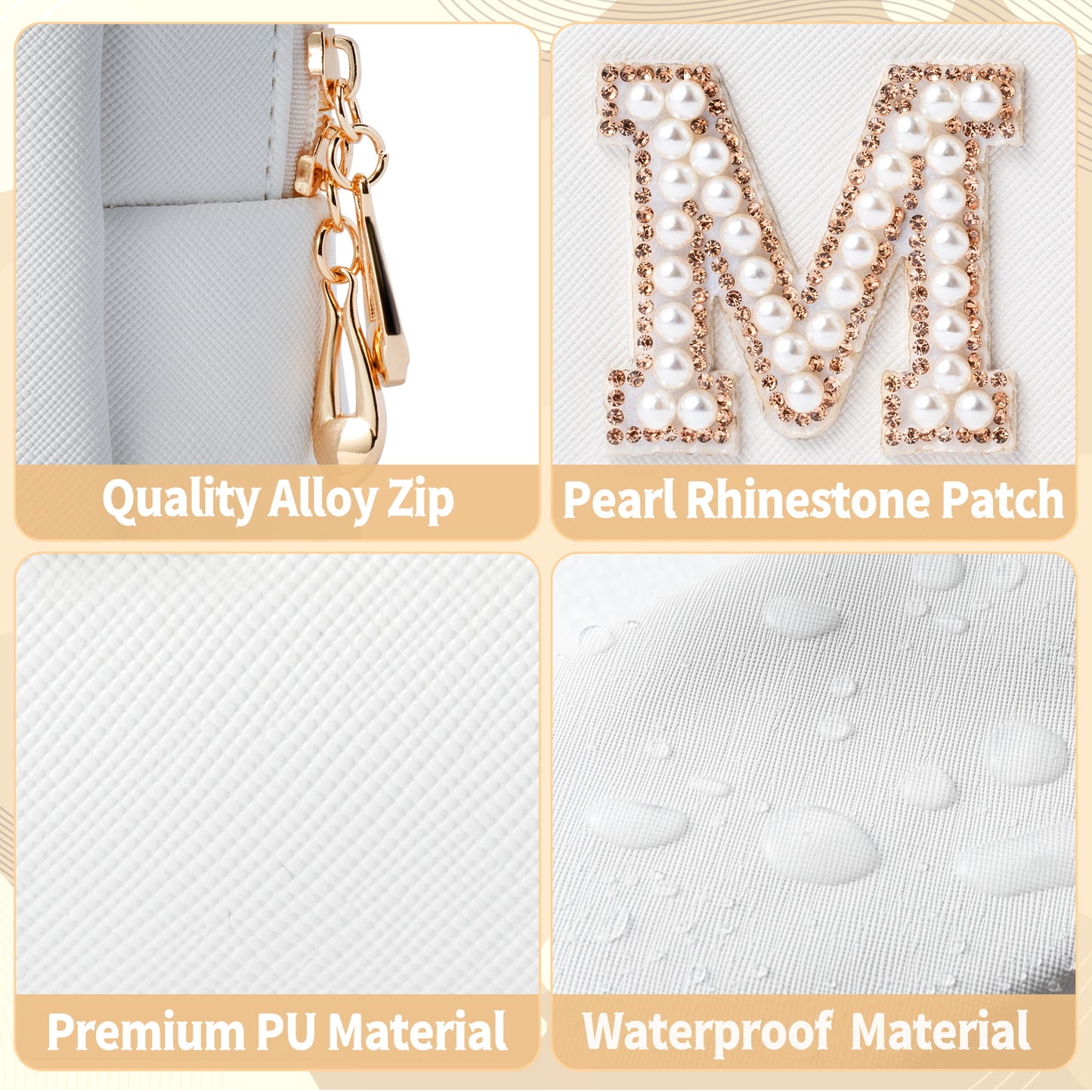 Y1tvei Gold MRS Letter Patch Cosmetic Toiletry Bag Pearl Rhinestone Varsity Letter Patches PU Leather Bride Makeup Bag Waterproof Portable Zipper Small Clutch Purse Travel Organizer for Women Girls