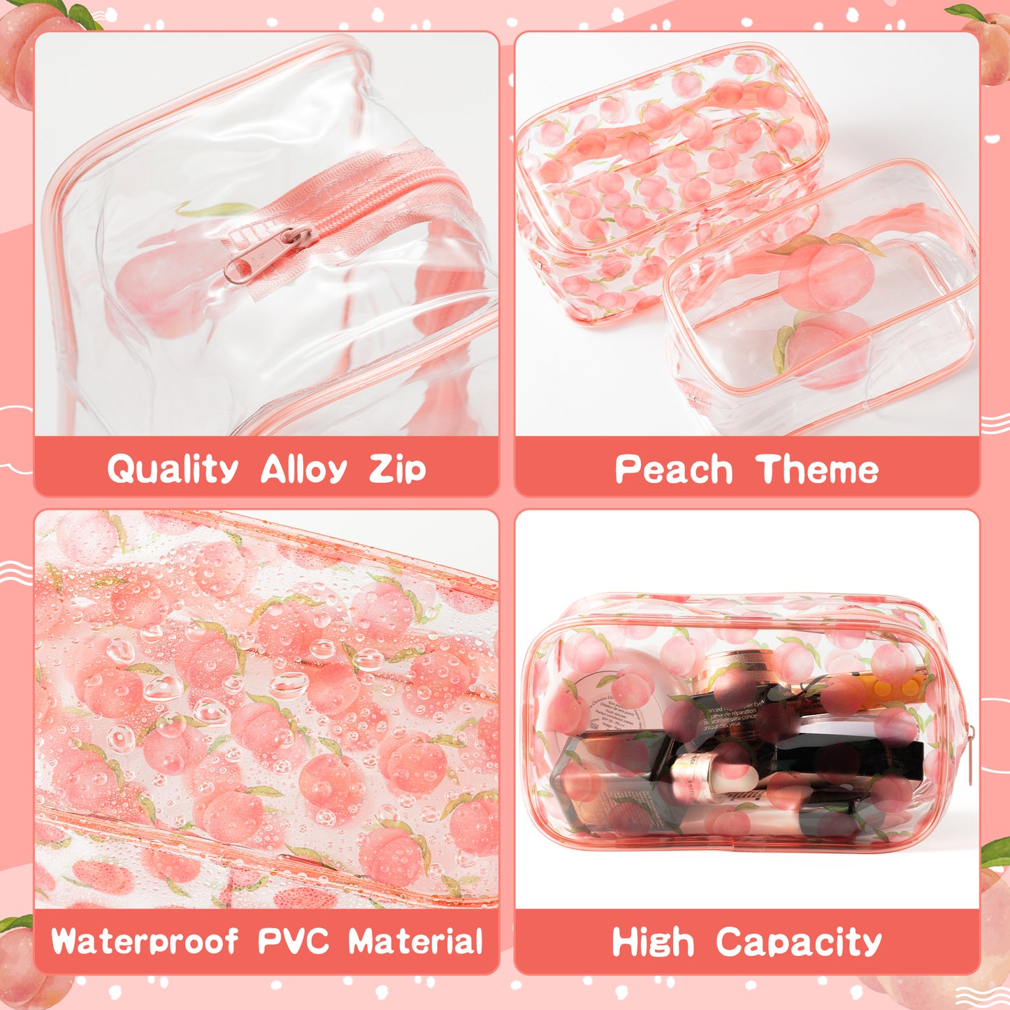 Y1tvei 2Pcs Pink Peach Print Clear PVC Makeup Bag Cute Fruit Pattern Plastic Transparent Cosmetic Toiletry Bag Waterproof Portable Pouch Travel Organizer Clutch Purse with Zipper for Women Girl Teens