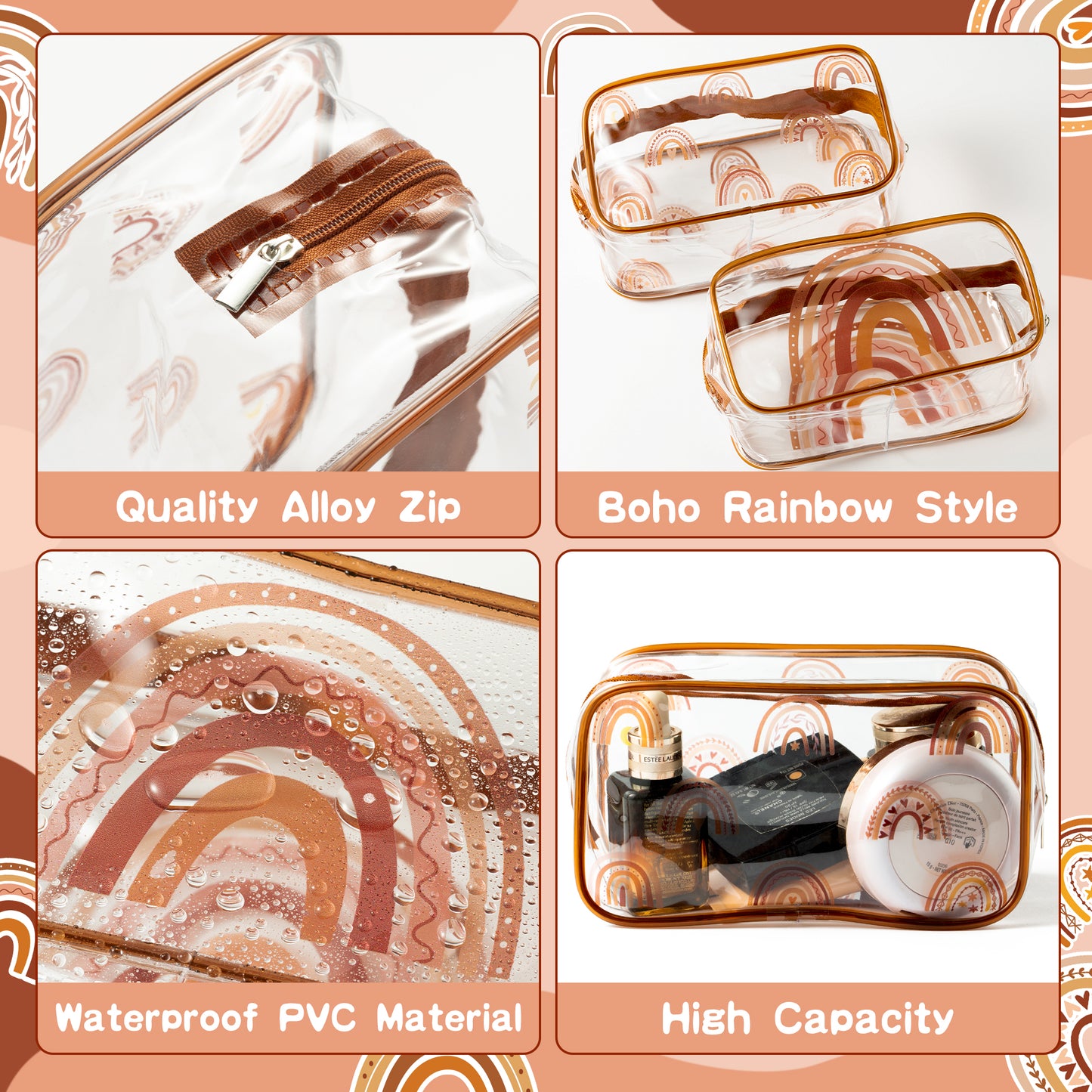 Y1tvei 2Pcs Boho Rainbow Brown Clear PVC Makeup Bag Stylish Boho Rainbow Theme Plastic Cosmetic Toiletry Bag with Zipper Makeup Case Portable Waterproof Clutch Purse Travel Organizer for Women Girls