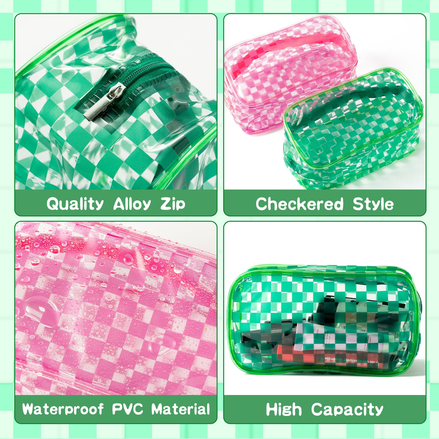 Y1tvei 2Pcs Pink Green Checkered Clear PVC Makeup Bag Gingham Print Plastic Transparent Cosmetic Toiletry Bag Portable Waterproof Plaid Clutch Purse Travel Organizer with Zipper for Women Girls Teens