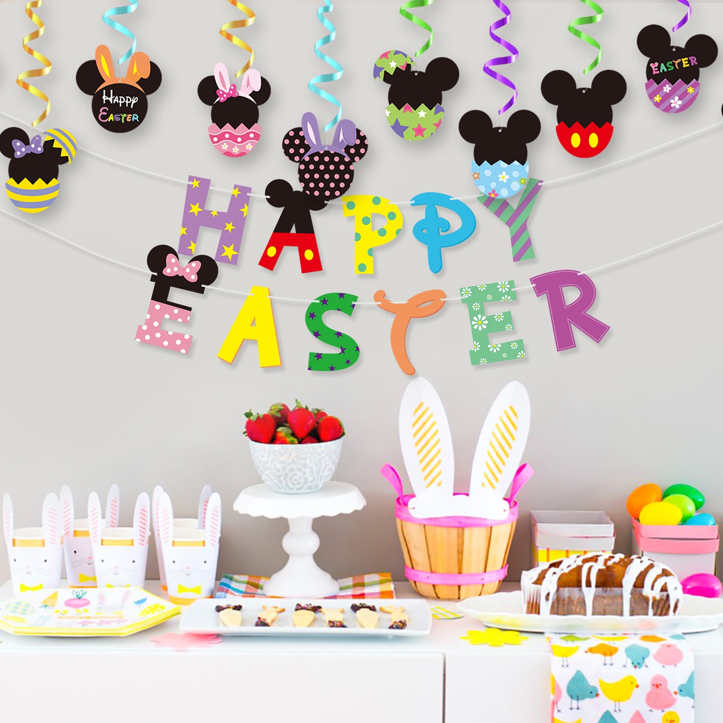 Y1tvei Easter Cartoon Mouse Themed Party Decorations Colorful Happy Easter Banner Garland Hanging Swirls Easter Egg Bunny Foil Ceiling Hanging Streamers for Kids Party Supplies Photo Props